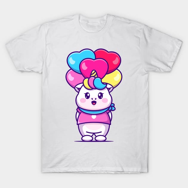 Cute unicorn with love balloon cartoon T-Shirt by Wawadzgnstuff